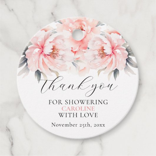 Eenvoudige bloemige pioenrozen roze BRUIDSBAD Bedankjes Labels (Voorkant)
