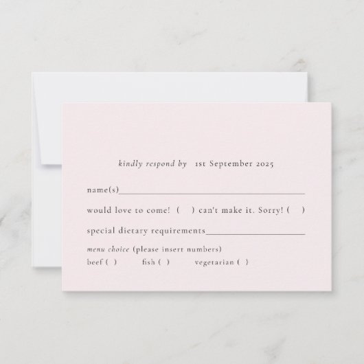 Eenvoudige Blush Bord Lichtroze Solid Meal Keuze RSVP Kaartje (Voorkant)