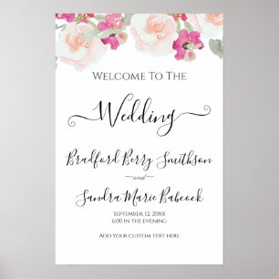 Eenvoudige Blush Roze Raspberry Bloemen Trouwbord Poster