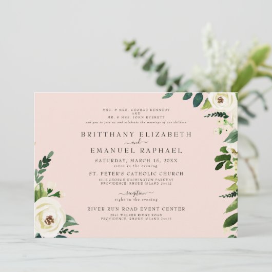 Eenvoudige Blush Wit Bloemen Beide Ouders Bruiloft Kaart (Staand voorkant)