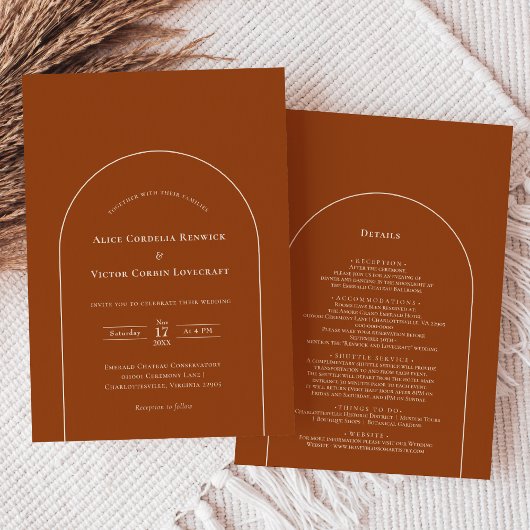 Eenvoudige Boho Arch Terracotta Wedding Details en Kaart