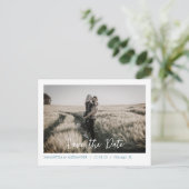 Eenvoudige Boho Bewaar onze datum Blue Photo Brief Briefkaart (Staand voorkant)