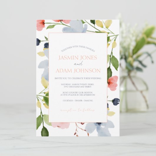 Eenvoudige Boho Blauw en Roze Bloemen Bruiloft Kaart (Staand voorkant)