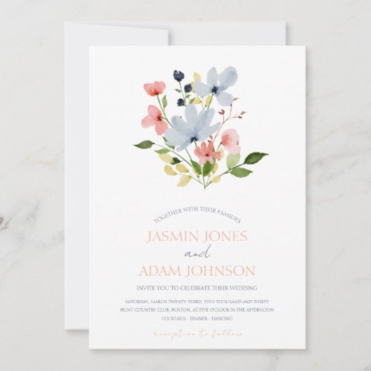 Eenvoudige Boho Blauwe en Roze Bloemige Bruiloft Kaart (Voorkant)