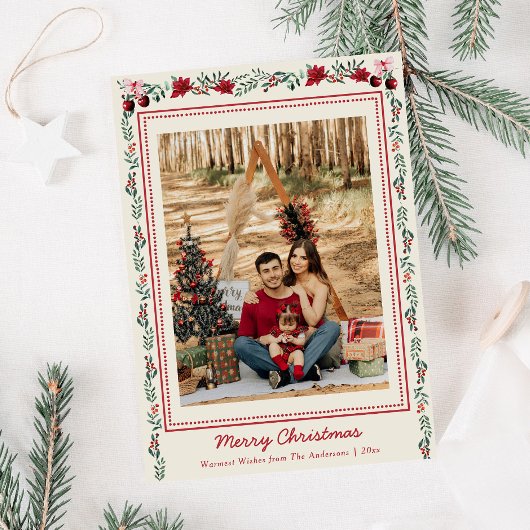 Eenvoudige Boho Kerstgroen Poinsettia 1 Foto Feestdagenkaart