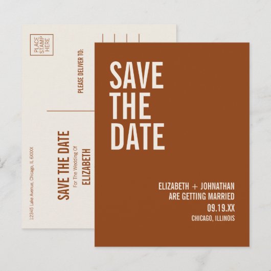 Eenvoudige Boho Terracotta Typografie Save the Dat Aankondigingskaart (Voorkant / Achterkant)