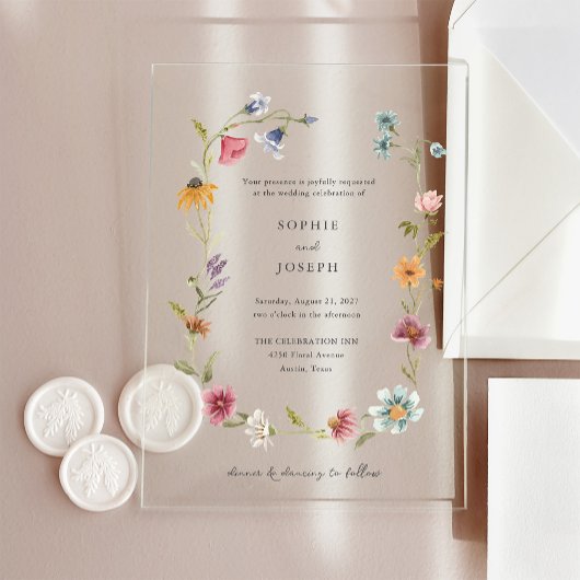 Eenvoudige Boho Wildflowers Krans | Bruiloft Acryl Uitnodigingen