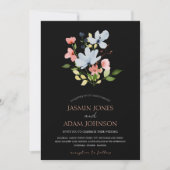Eenvoudige Boho Zwart en Roze Bloemen Bruiloft Kaart (Voorkant)