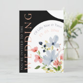 Eenvoudige boog zwart en roze bloemenbruiloft kaart (Staand voorkant)