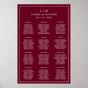 Eenvoudige Bordeaux Monogram Huwelijkszitplaatskaa Poster