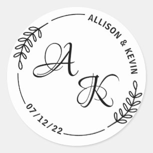 Eenvoudige botanische monogram bruiloft ronde sticker