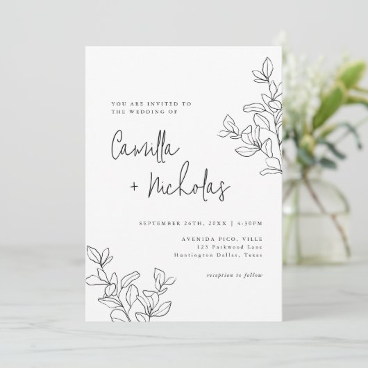 Eenvoudige Botanische Monogram Zwart-witte bruilof Kaart (Staand voorkant)