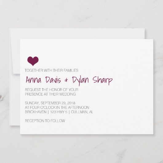 Eenvoudige Bourgogne Hart bruiloft uitnodiging (Voorkant)