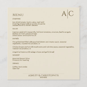 Eenvoudige Brons & Goud Monogram Bruiloft Receptie Menu