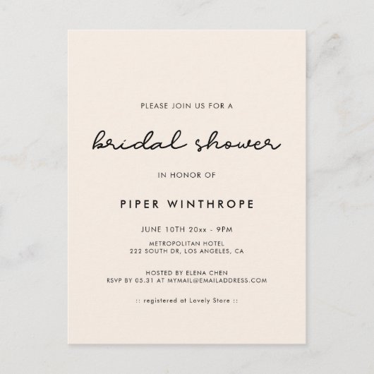 Eenvoudige bruiddoucheuitnodiging briefkaart (Voorkant)