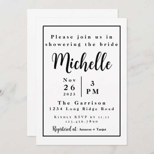 Eenvoudige bruiddoucheuitnodiging | Minimalistisch Kaart (Voorkant / Achterkant)