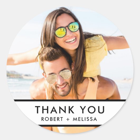 Eenvoudige bruiloft foto Dank je Ronde Sticker (Voorkant)
