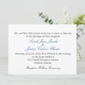 Eenvoudige bruiloft uitnodiging met blauwe tekst (Staand voorkant)