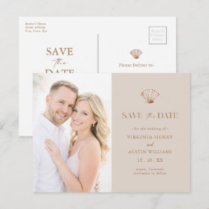 Eenvoudige bruine schelp strand save the date briefkaart