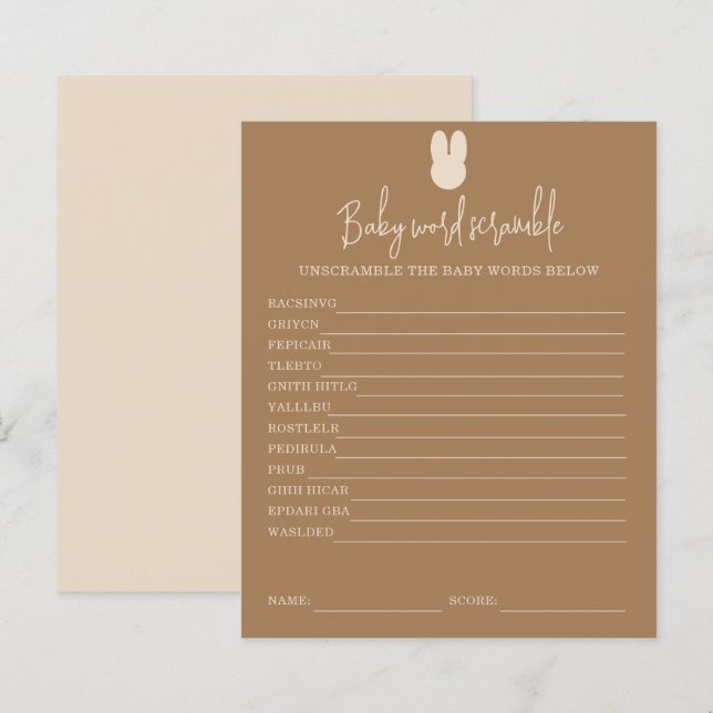 Eenvoudige bunny Baby Word Scramble | BABY SHOWER (Voorkant / Achterkant)