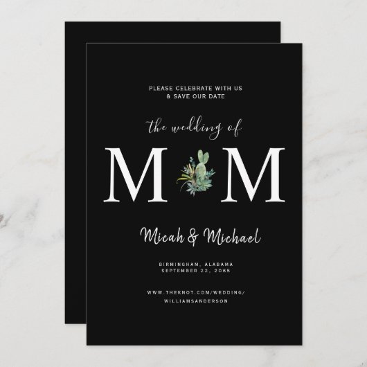 Eenvoudige Cactus Monogram Black Save the Date Inv Kaart (Voorkant / Achterkant)