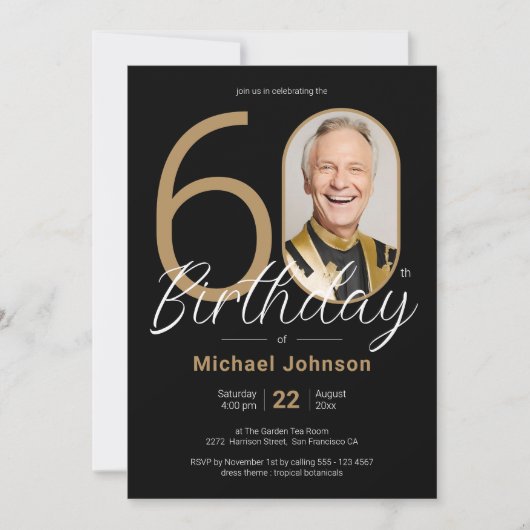 Eenvoudige Chic Gold Black Custom Foto 60e Verjaar Kaart (Voorkant)