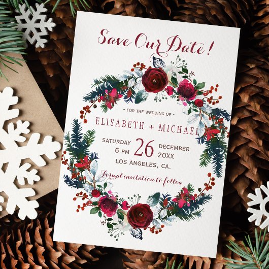 Eenvoudige chique bloemenwinterkrans opslaan datum save the date
