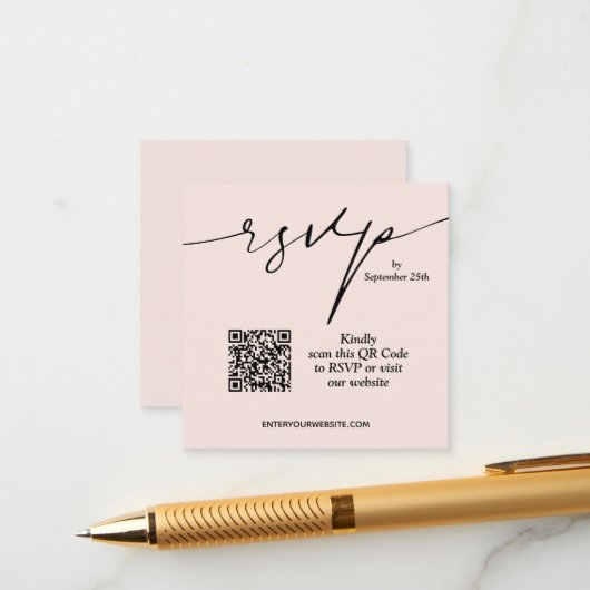 Eenvoudige Chique Blush Roze QR Code Bruiloft Informatiekaartje (Voorkant / Achterkant in situ)