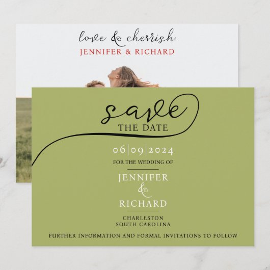 Eenvoudige chique salie groen rustieke bruiloft fo save the date (Voorkant / Achterkant)