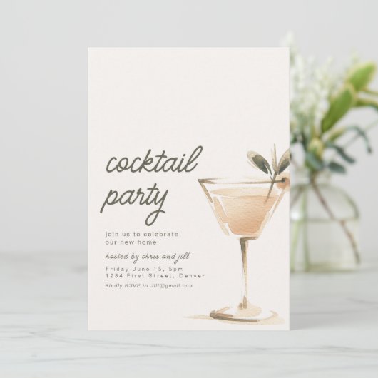Eenvoudige cocktailparty-uitnodiging met drankje kaart (Staand voorkant)