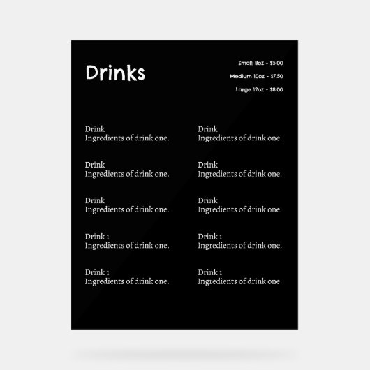 Eenvoudige Coffee Shop Drink Menu Tekenen Acryl Bord (Voorkant)