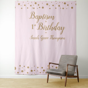 Eenvoudige Confetti Roze Doop en 1e verjaardag Wandkleed