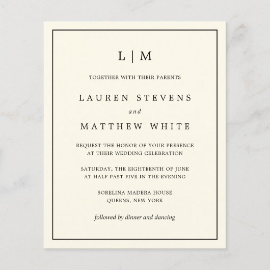 Eenvoudige Cream Monogram Budget Huwelijksuitnodig (Voorkant)