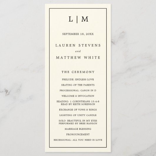 Eenvoudige Cream Monogram Elegante bruiloft Programma (Voorkant)