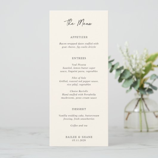 Eenvoudige Crème Moderne Bruiloft Menu (Staand voorkant)