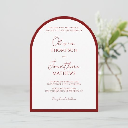 Eenvoudige Crimson Red Border Script Wedding Arch Kaart (Staand voorkant)