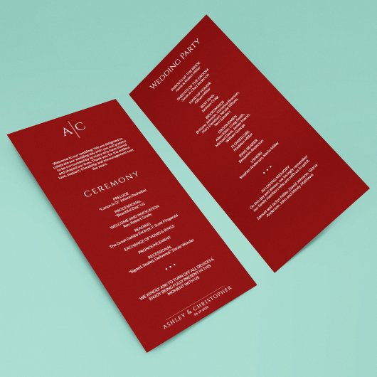 Eenvoudige Crimson Red Monogram huwelijksceremonie Programma