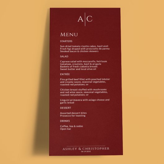 Eenvoudige Crimson Rode Monogram Bruiloft Receptie Menu