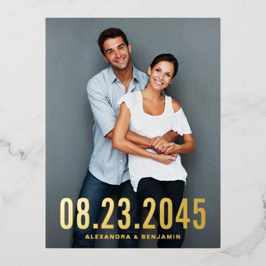 Eenvoudige datumtypografie Sla de datum-foto op Folie Uitnodiging Briefkaart (Voorkant)