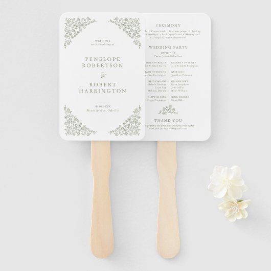 Eenvoudige Delicate Floral Sage Green Wedding Prog Handwaaier (Voorkant en achterkant)