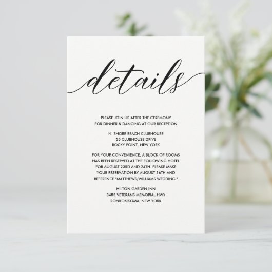 Eenvoudige details over elegant zwart-wit huwelijk informatiekaartje (Staand voorkant)