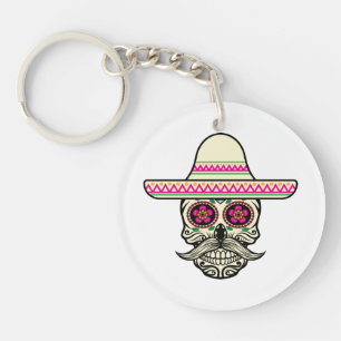 Eenvoudige Dia de Muertos Skull met Pet Sleutelh Sleutelhanger