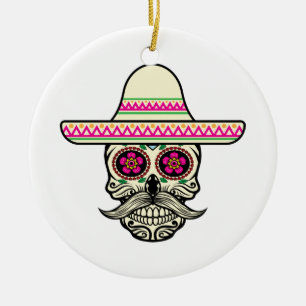 Eenvoudige Dia de Muertos Skull met Pet   Versieri Keramisch Ornament
