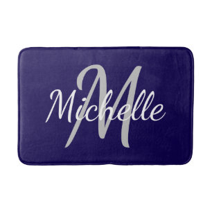 Eenvoudige donkerblauwe typografie en naammonogram badmat