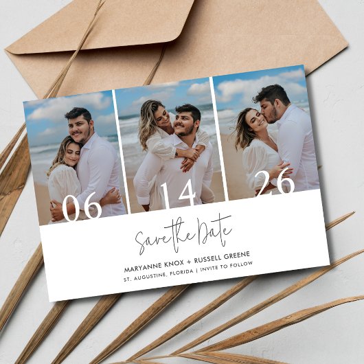 Eenvoudige drie foto strand bruiloft save the date