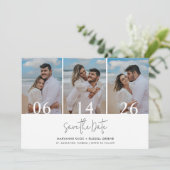 Eenvoudige drie foto strand bruiloft save the date (Staand voorkant)