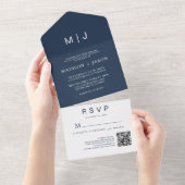 Eenvoudige Duidelijke Marineblauw Monogram QR Code All In One Uitnodiging (Afscheurbaar)