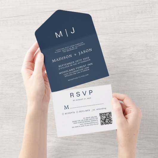 Eenvoudige Duidelijke Marineblauw Monogram QR Code All In One Uitnodiging (Afscheurbaar)