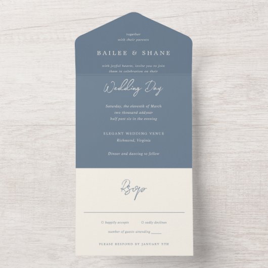 Eenvoudige Dusty Blue Modern Wedding All In One Uitnodiging (Binnen)