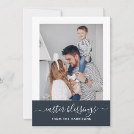 Eenvoudige e-legant Navy Script Family Photo Easte Feestdagenkaart